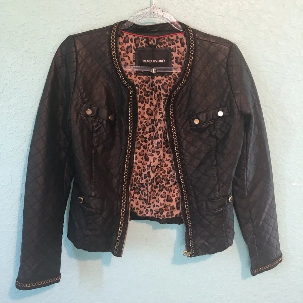 Members Only Womens Zip Front Moto Jacket Small Black Gold Tone Chain Link FLAWS - Picture 3 of 13
